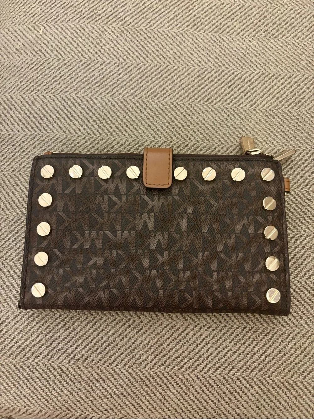 Michael Kors Brown MK Monogram Studded Zip Wallet with Gold Hardware